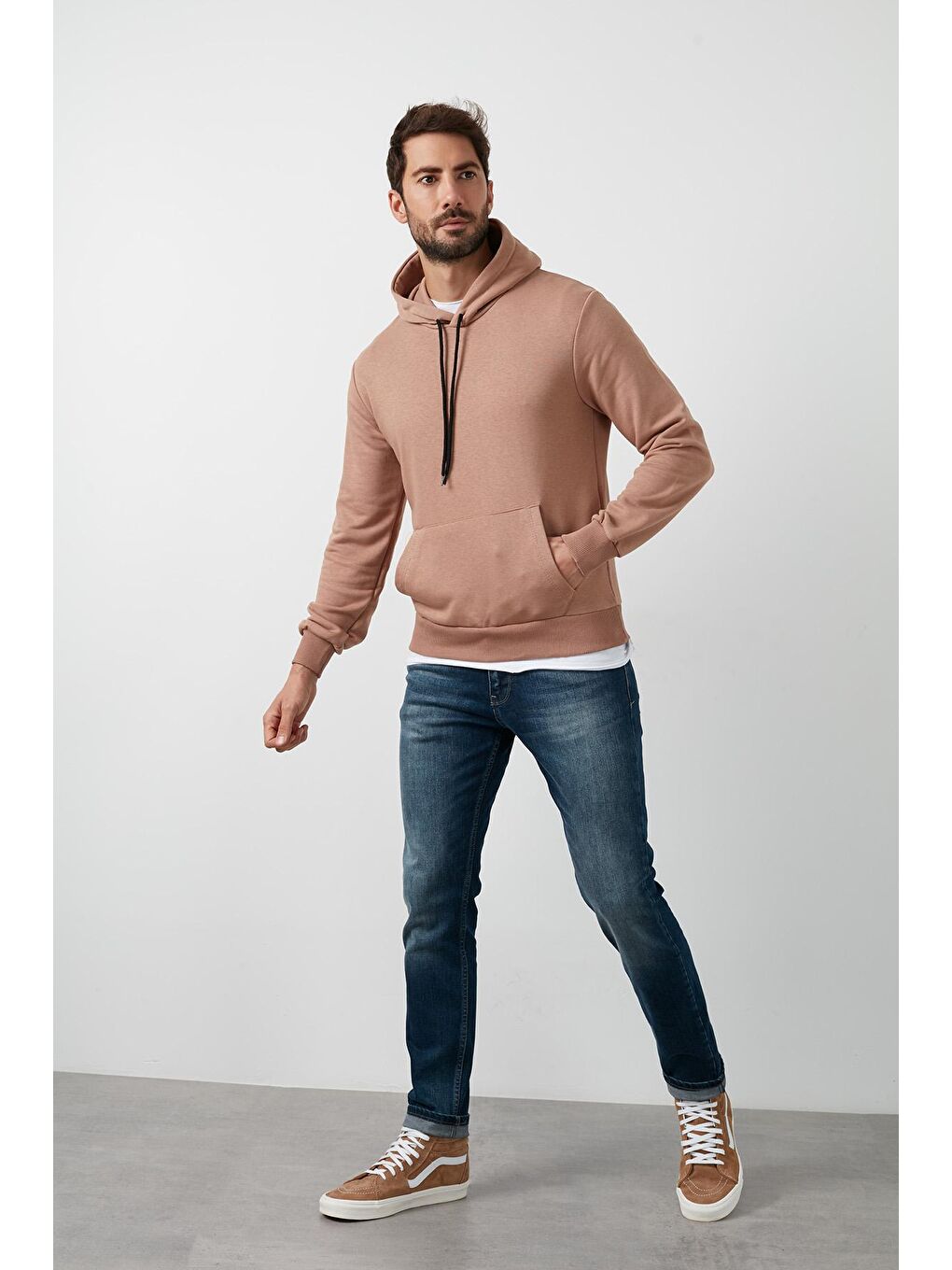 Kahverengi Pamuklu Kanguru Cepli Kapüşonlu Sweat 541HOODIE