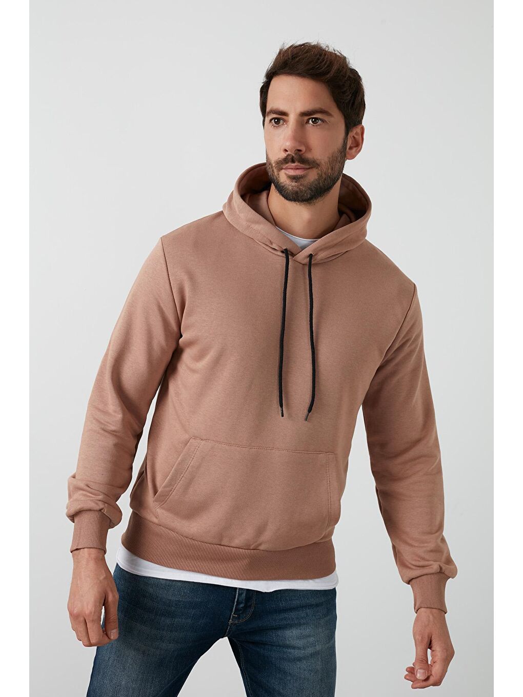 Kahverengi Pamuklu Kanguru Cepli Kapüşonlu Sweat 541HOODIE-1