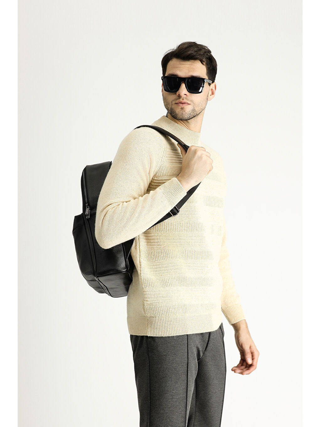 Bej Bato Yaka Slim Fit Dar Kesim Desenli Yünlü Triko Büyük Beden Kazak-2