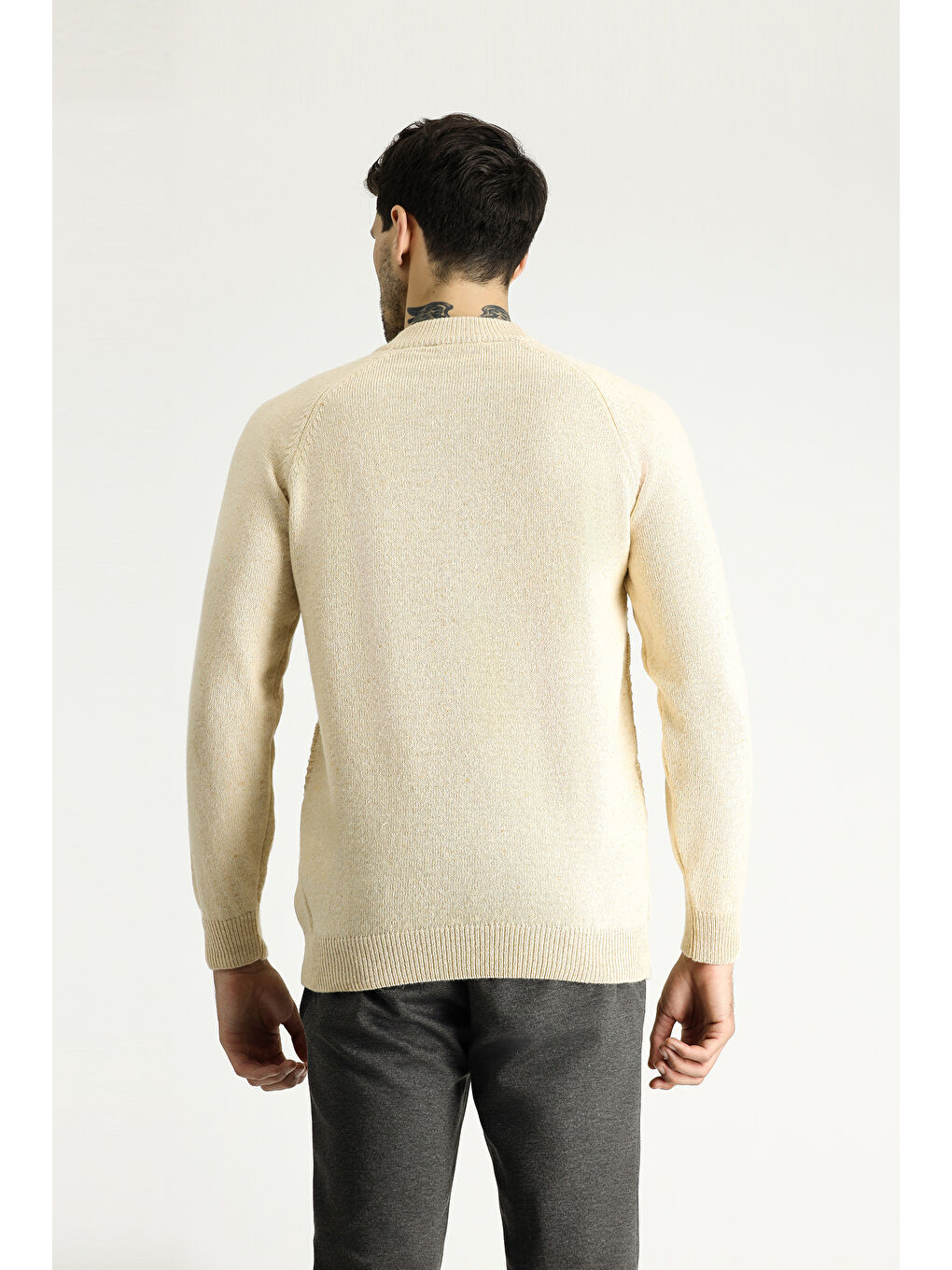 Bej Bato Yaka Slim Fit Dar Kesim Desenli Yünlü Triko Büyük Beden Kazak-4