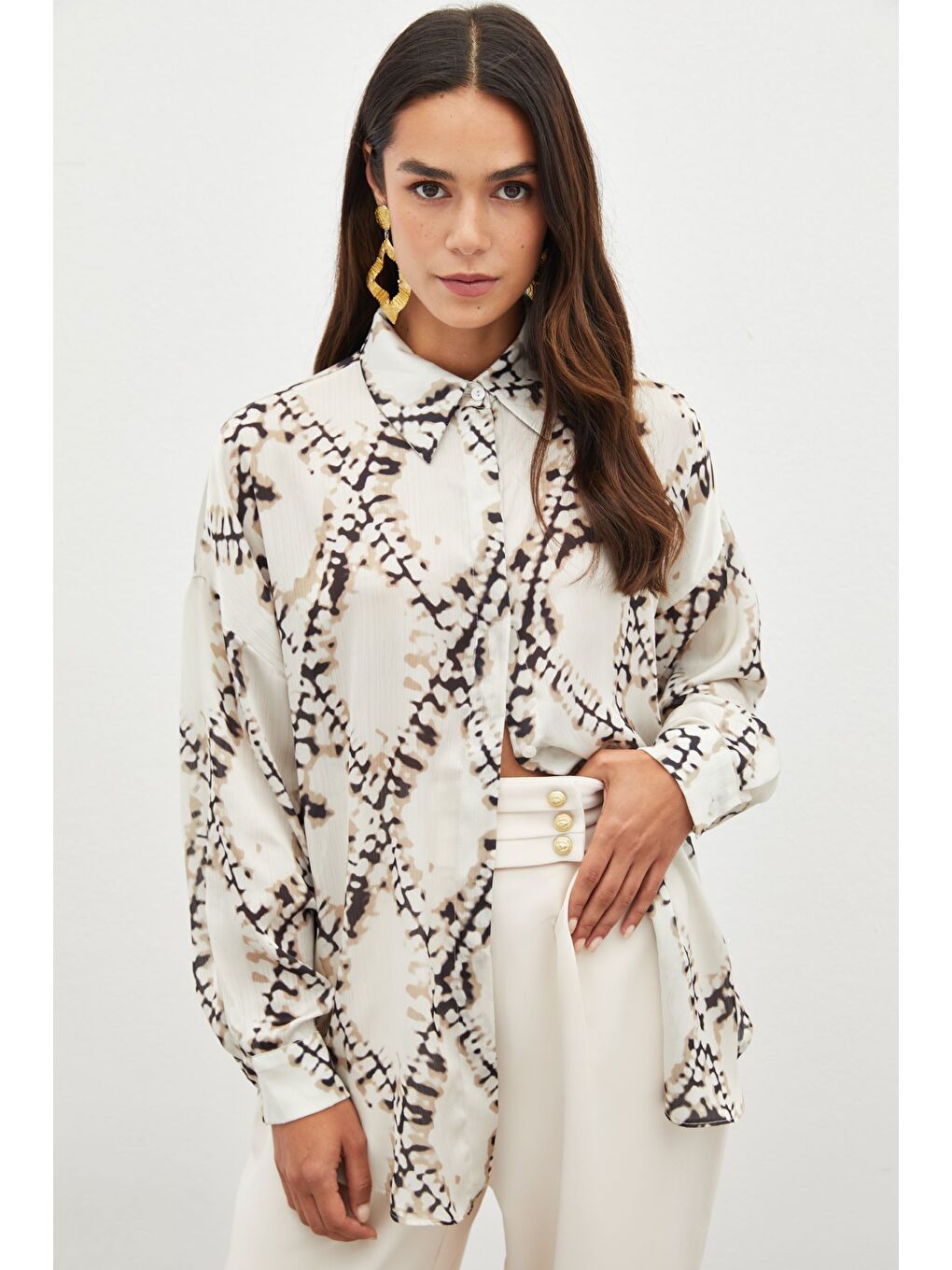 Desenli Salaş Gömlek - Bej-1