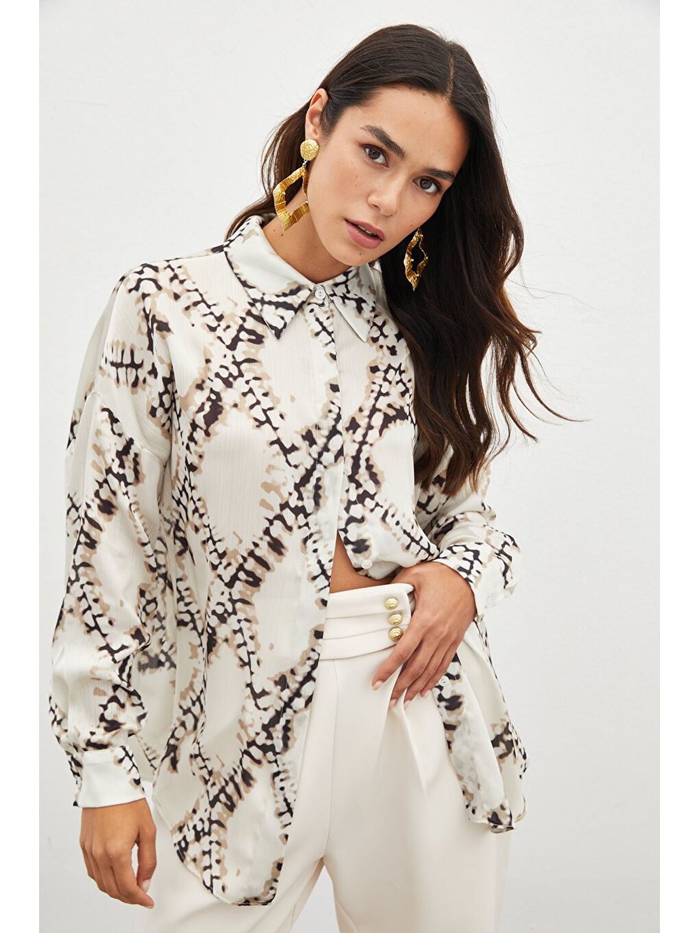 Desenli Salaş Gömlek - Bej-2