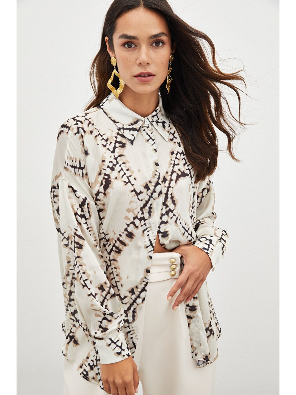 Desenli Salaş Gömlek - Bej-3