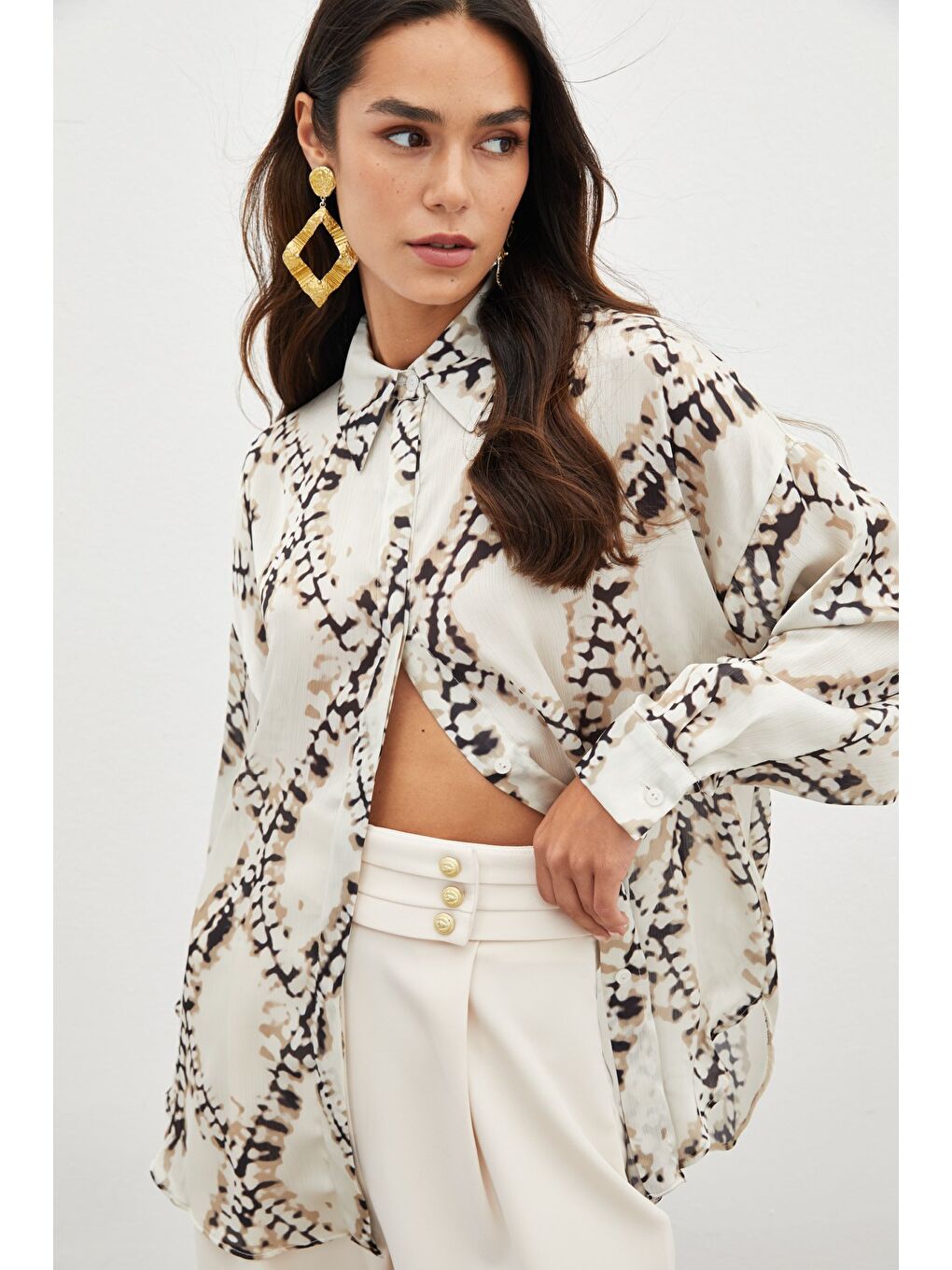 Desenli Salaş Gömlek - Bej-4