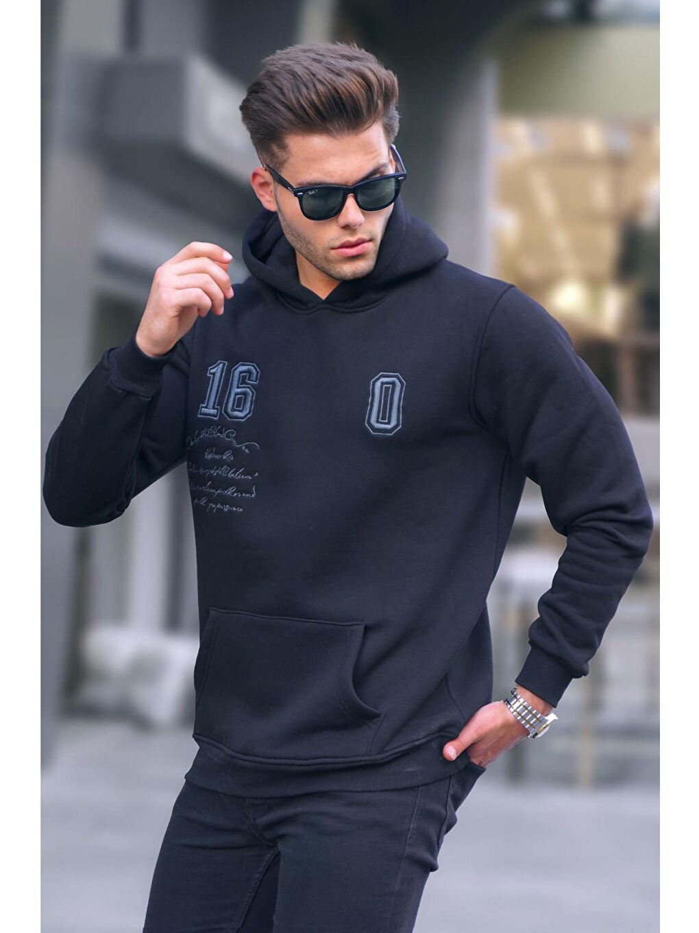 Madmext Siyah Baskılı Kapüşonlu Sweatshirt 6006