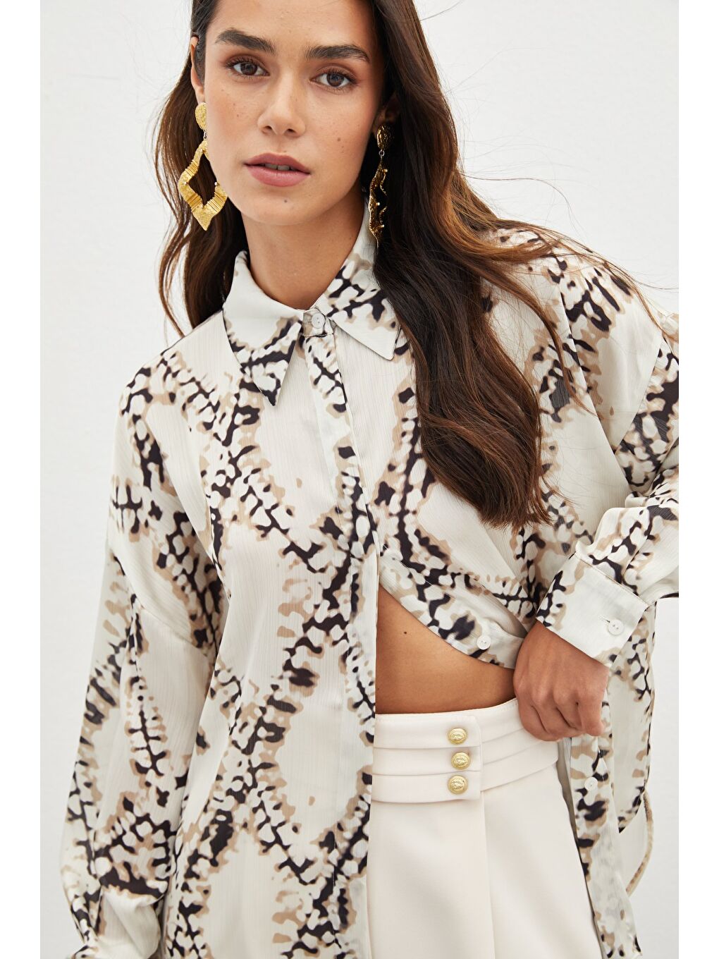 Desenli Salaş Gömlek - Bej-5