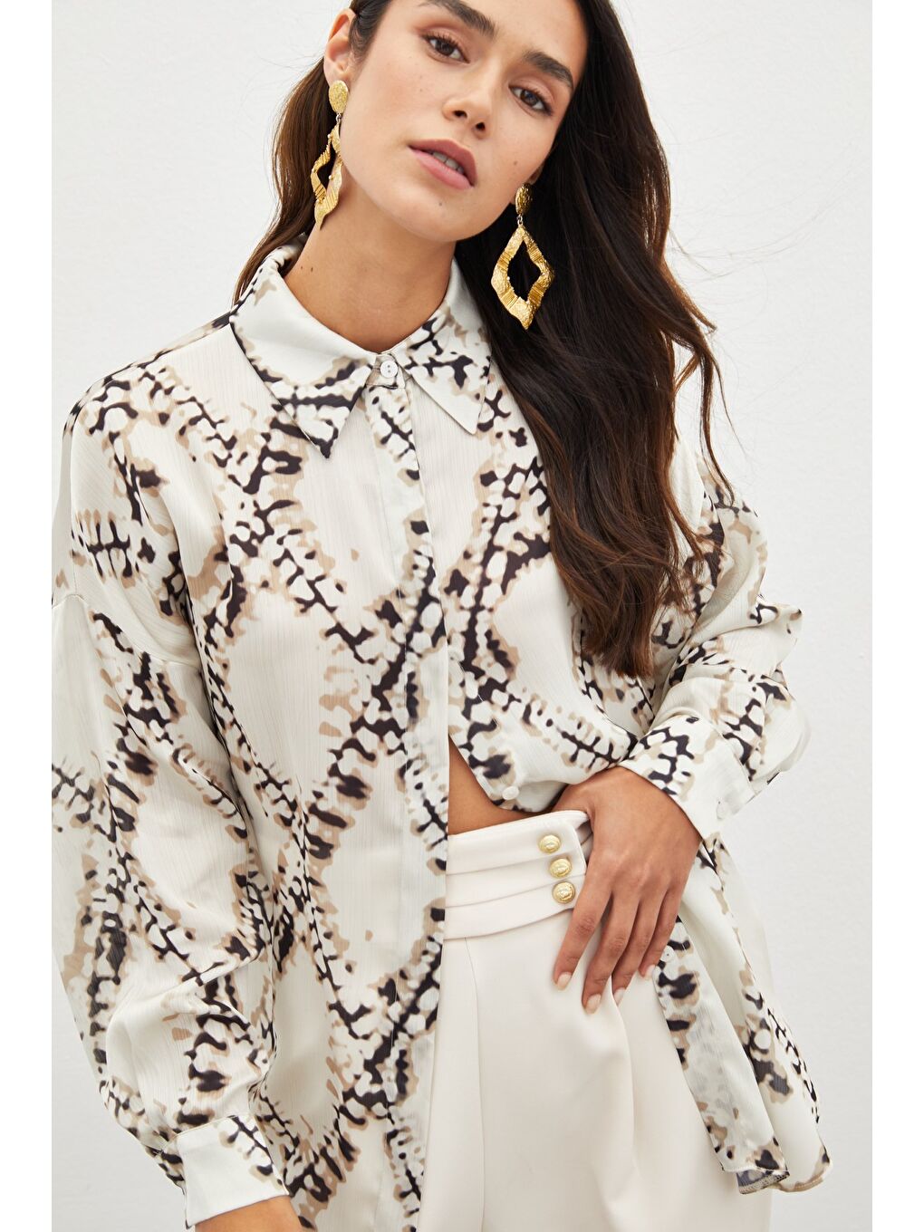 Desenli Salaş Gömlek - Bej-6