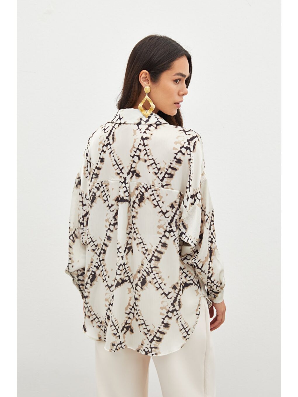 Desenli Salaş Gömlek - Bej-7