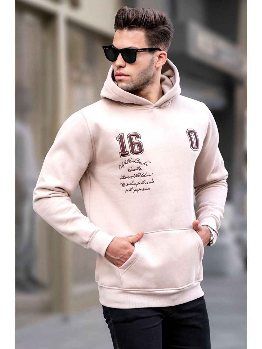 Madmext Bej Baskılı Kapüşonlu Sweatshirt 6006