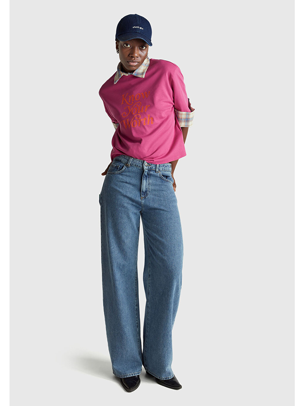 Kadın Koyu Pembe %100 Pamuk Önü Yazı Baskılı Bisiklet Yaka T-shirt-4