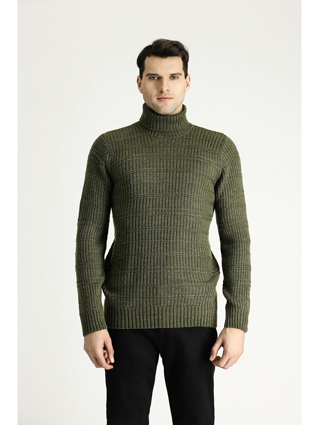 Haki Balıkçı Yaka Slim Fit Dar Kesim Desenli Triko Kazak