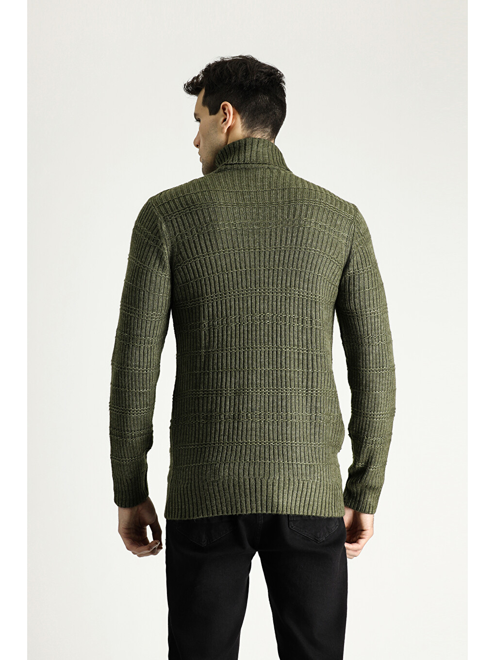 Haki Balıkçı Yaka Slim Fit Dar Kesim Desenli Triko Kazak-3