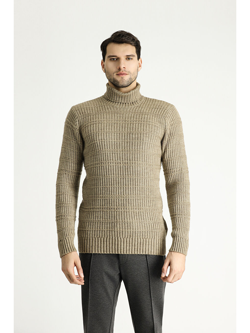 Bej Balıkçı Yaka Slim Fit Dar Kesim Desenli Triko Kazak-2