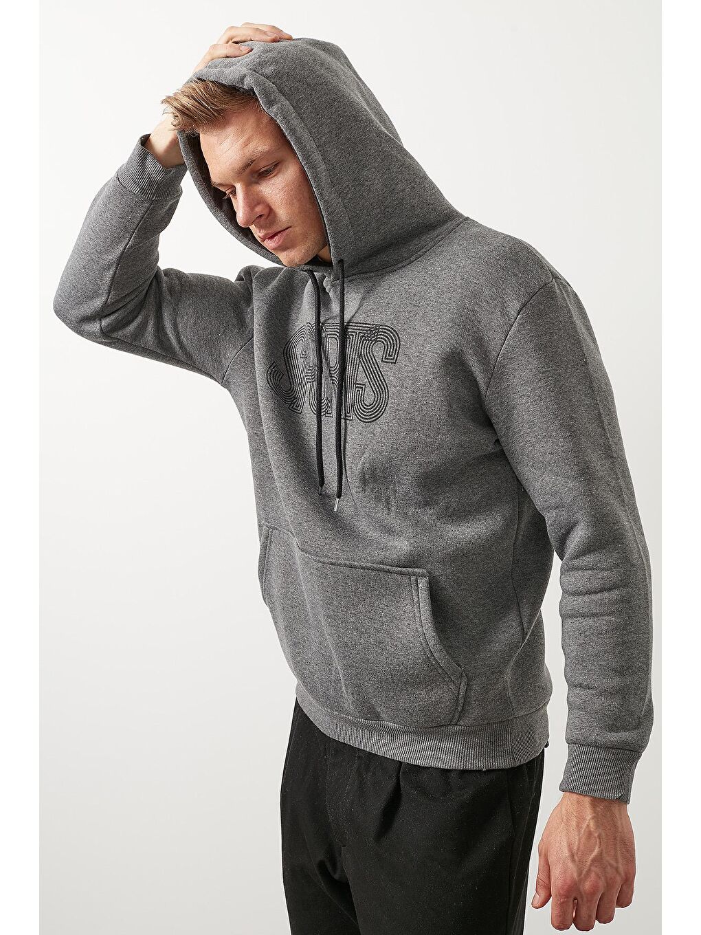 Antrasit Slim Fit Pamuklu Kanguru Cepli Şardonlu Kışlık Kapüşonlu Sweat 5827003