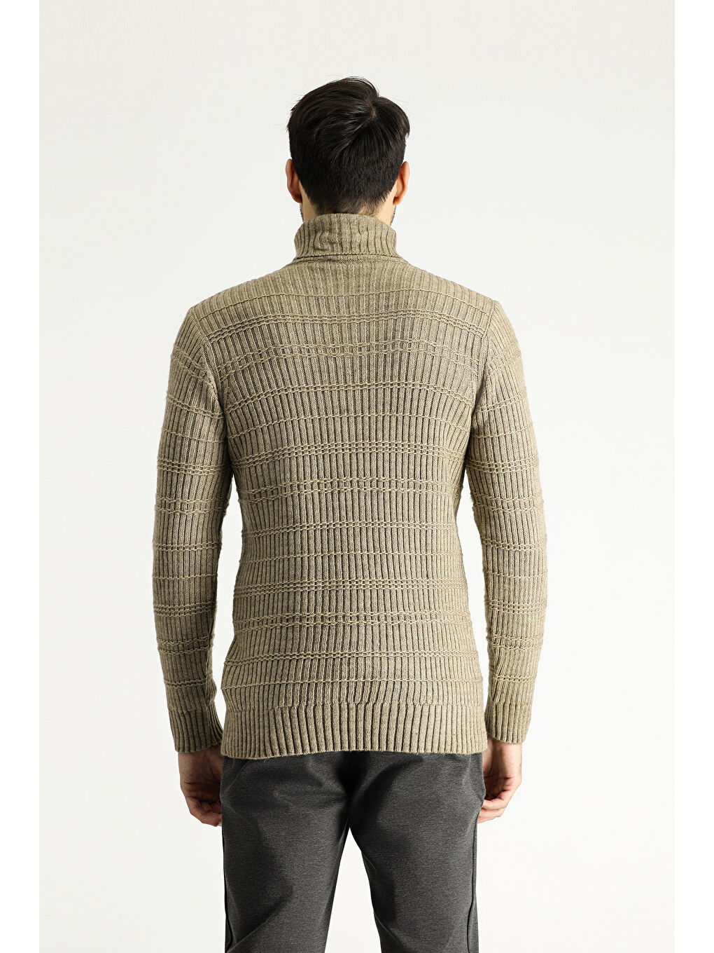 Bej Balıkçı Yaka Slim Fit Dar Kesim Desenli Triko Kazak-3