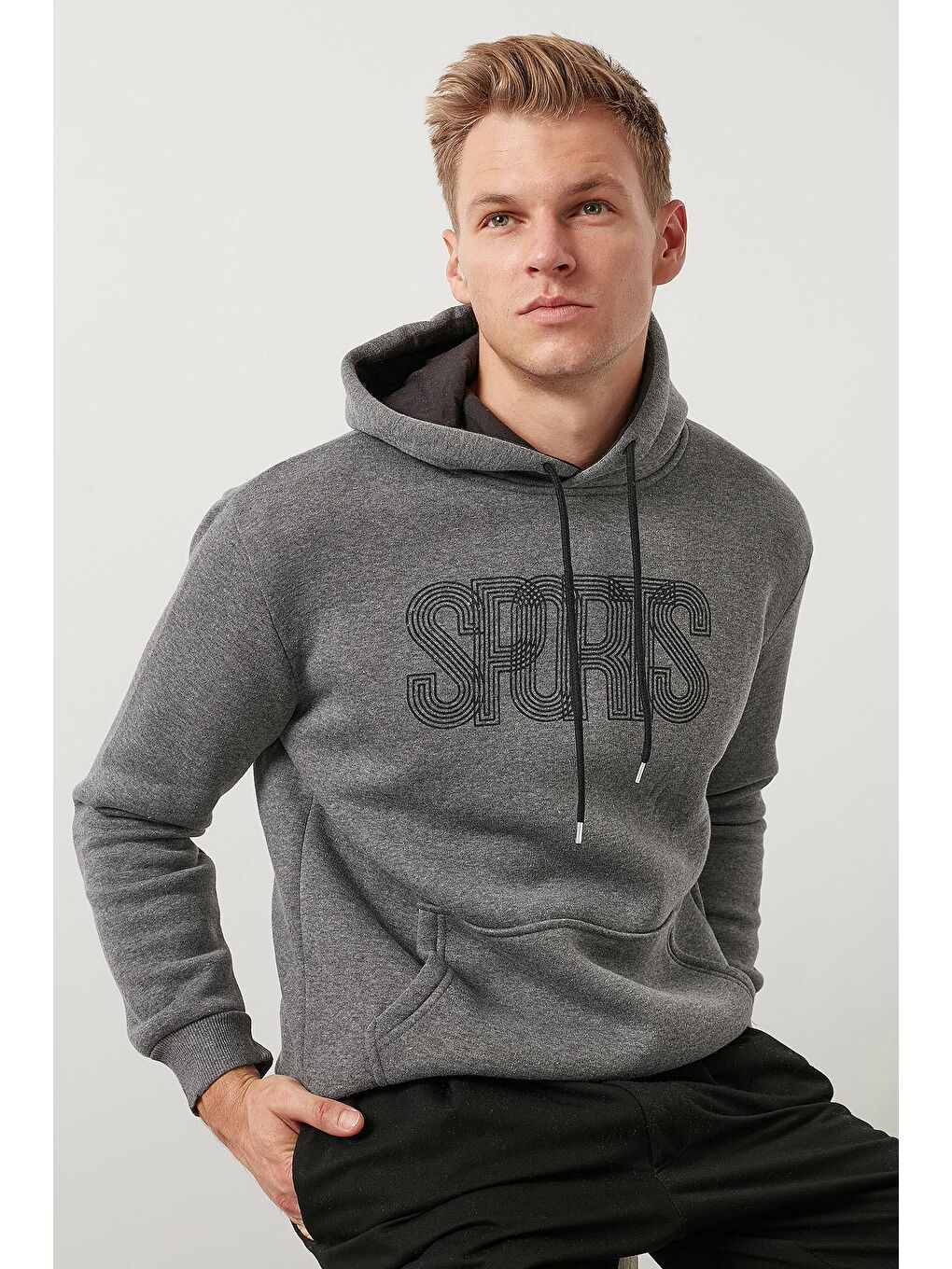 Antrasit Slim Fit Pamuklu Kanguru Cepli Şardonlu Kışlık Kapüşonlu Sweat 5827003-1