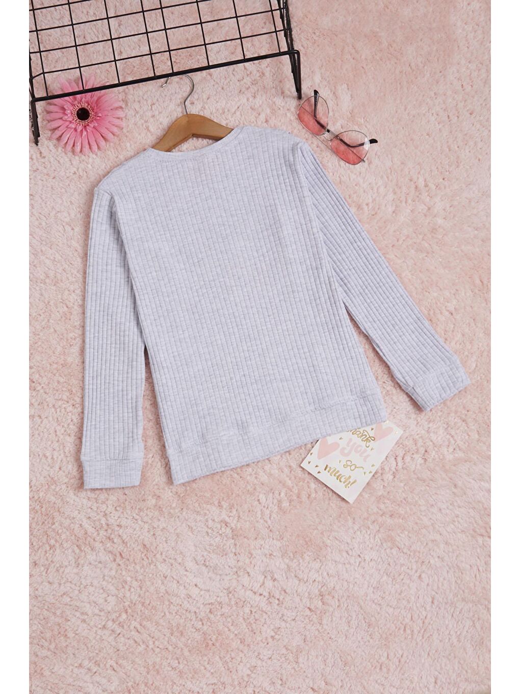 Gri Önü Fırfırlı Fitilli Uzun Kollu Sweatshirt 16279-3