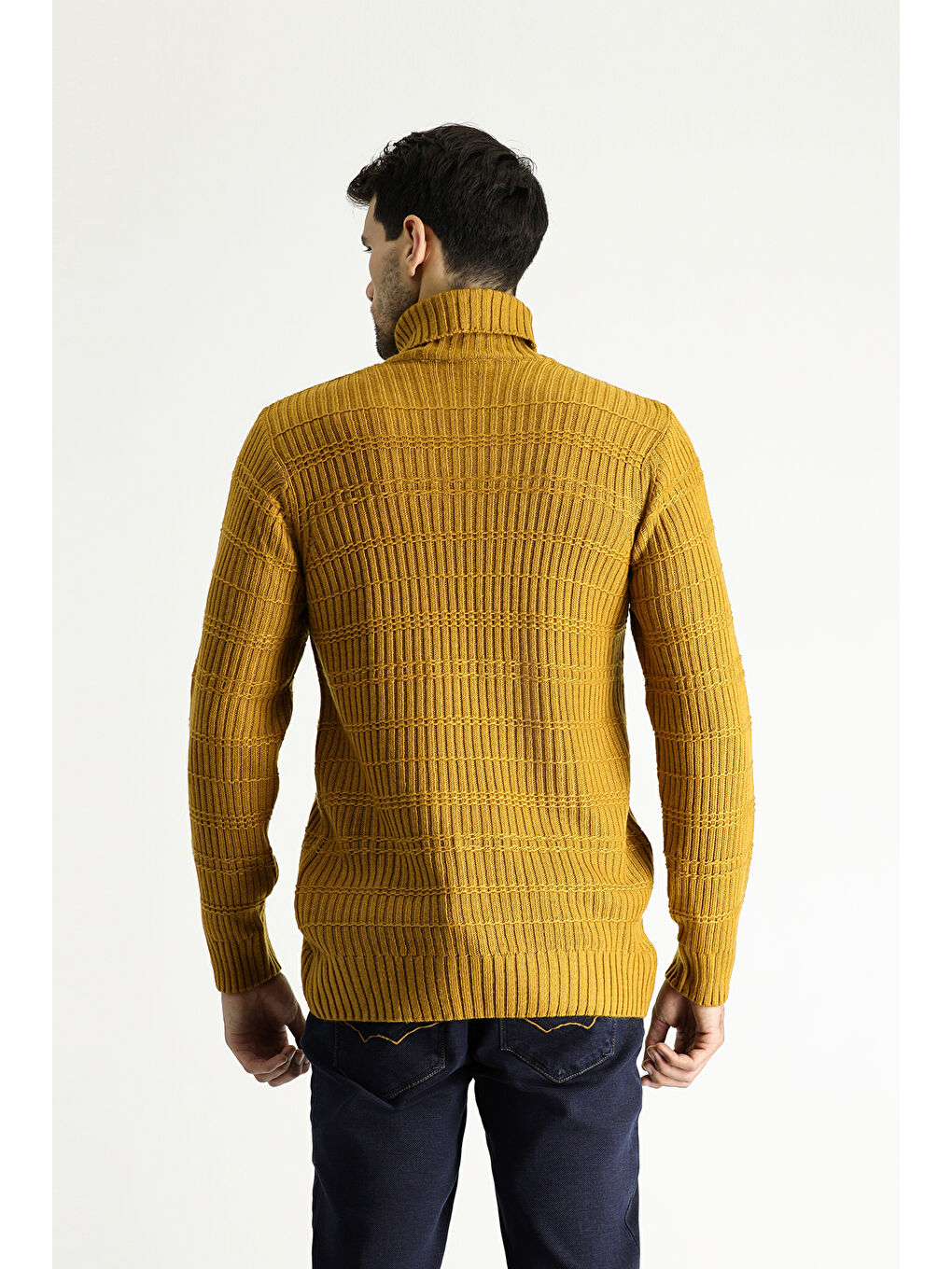 Sarı Balıkçı Yaka Slim Fit Dar Kesim Desenli Triko Kazak-3