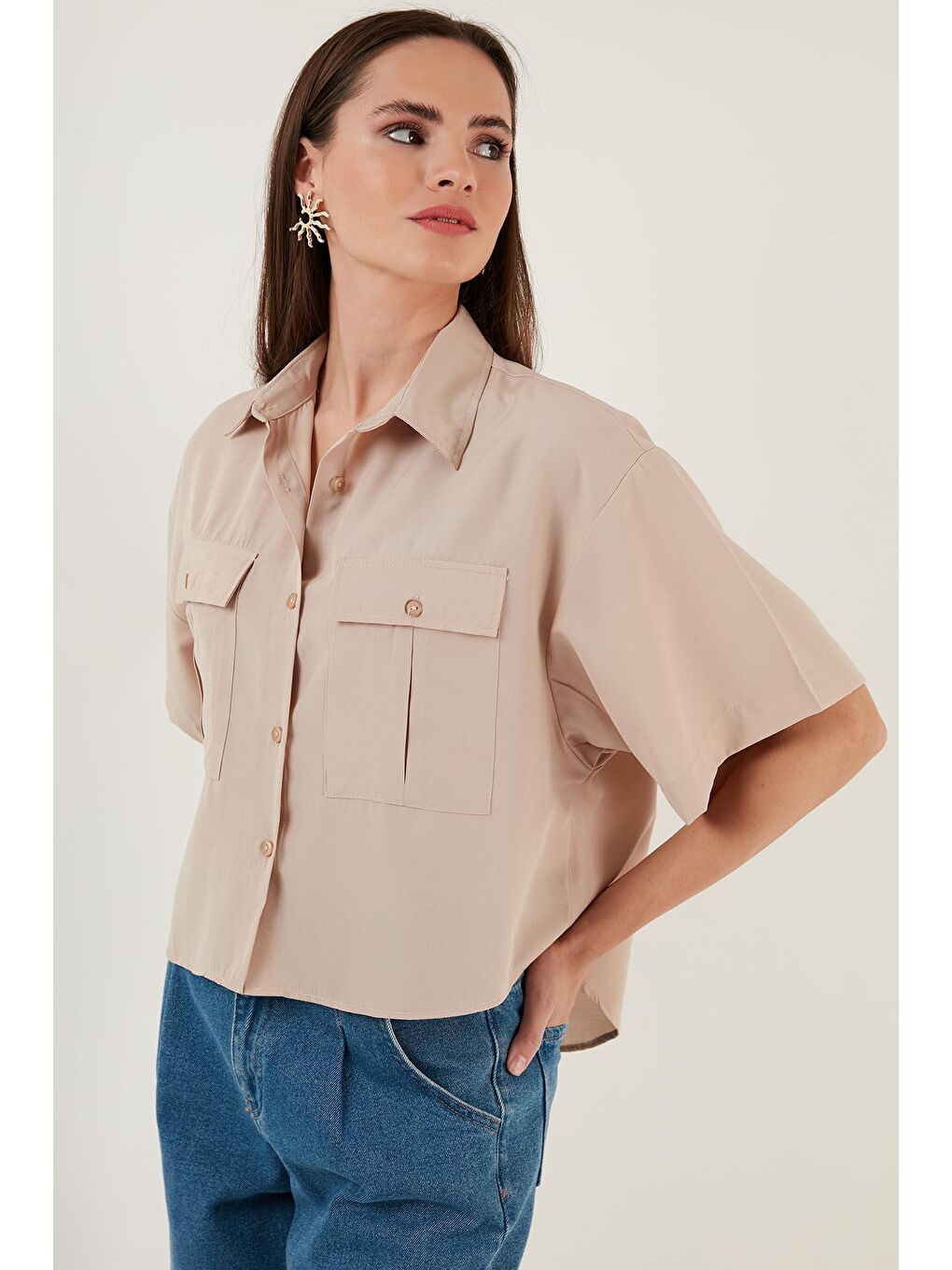 Gri Pamuklu Oversize Çift Cepli Kısa Kol Gömlek 6234786-4