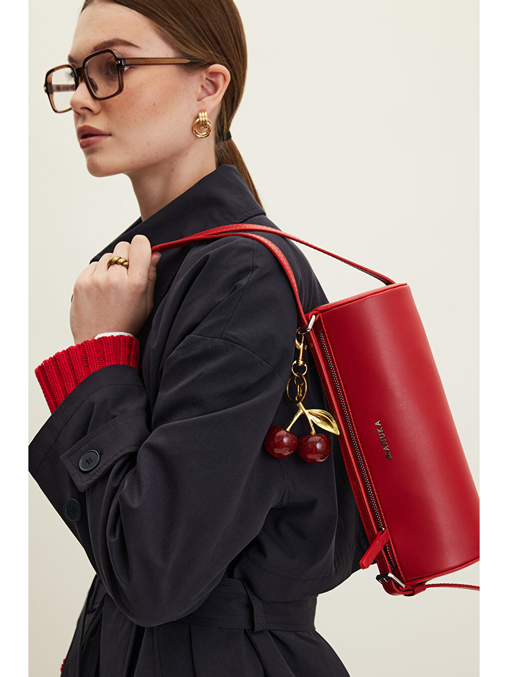 Deri Silindir Omuz Çantası Kırmızı