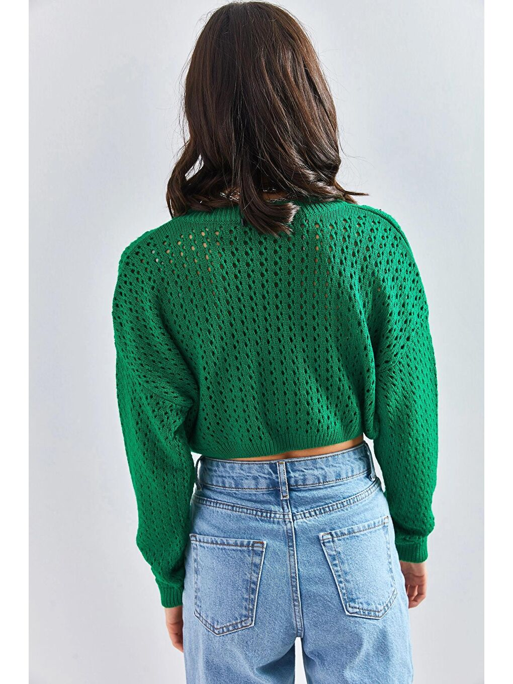 Yeşil Kadın Ajurlu Crop Kazak-2