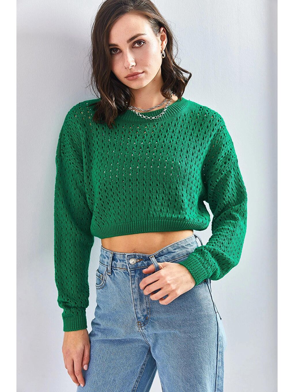 Yeşil Kadın Ajurlu Crop Kazak-3