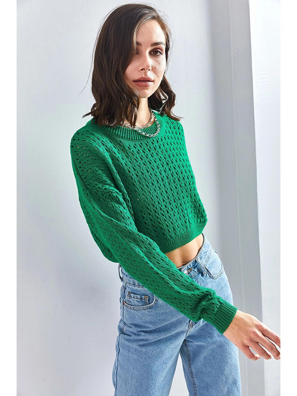 Yeşil Kadın Ajurlu Crop Kazak-4