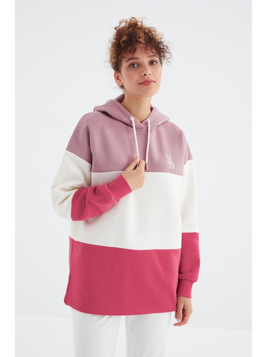 Pembe Gül Kurusu Renk Bloklu Nakışlı Kapüşonlu Oversize Kadın Sweatshirt - 97247-2