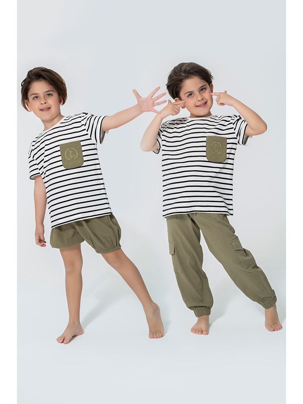 Organik 3'lü Cep Çapa Nakışlı Haki Pijama Takımı