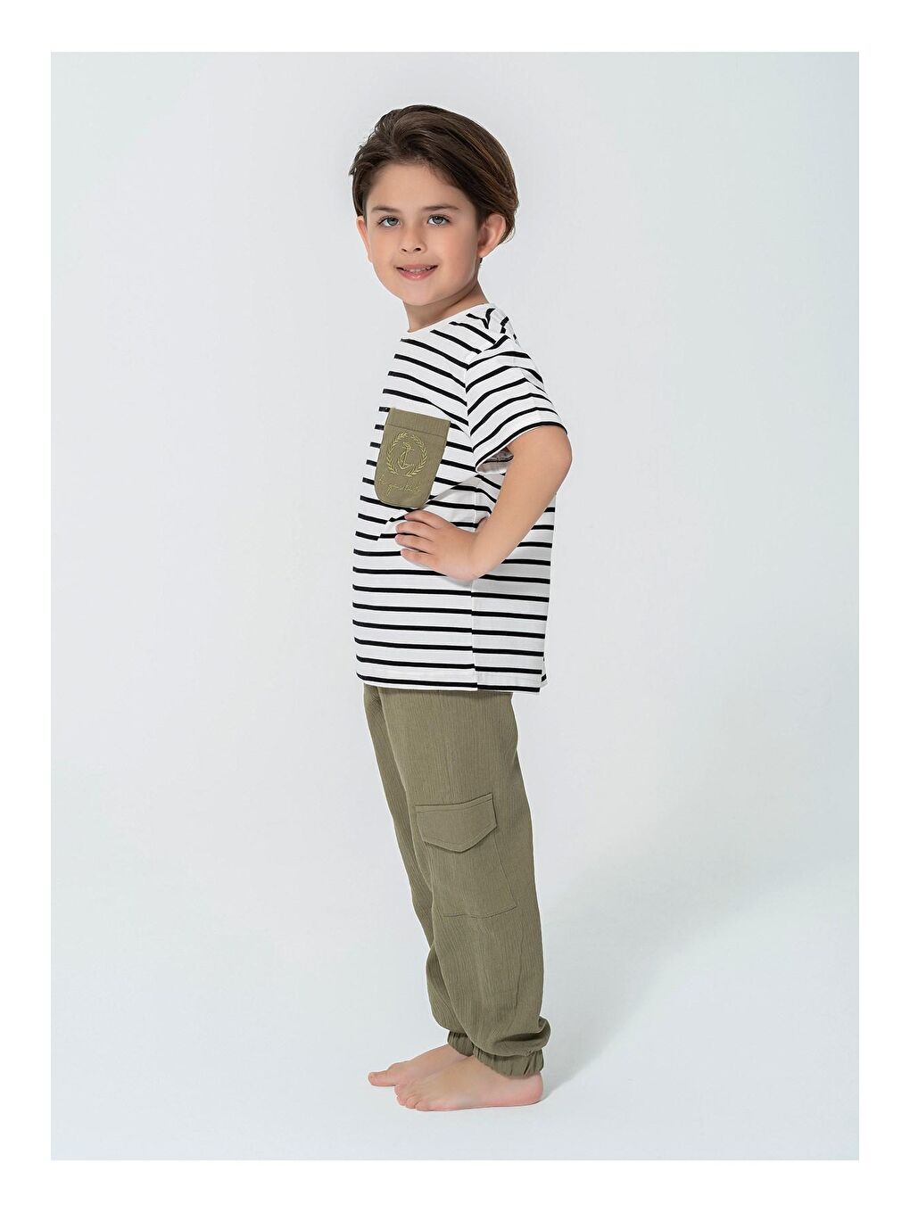 Organik 3'lü Cep Çapa Nakışlı Haki Pijama Takımı-2