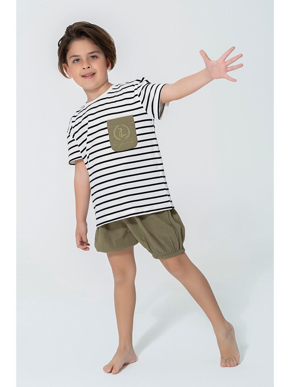 Organik 3'lü Cep Çapa Nakışlı Haki Pijama Takımı-3