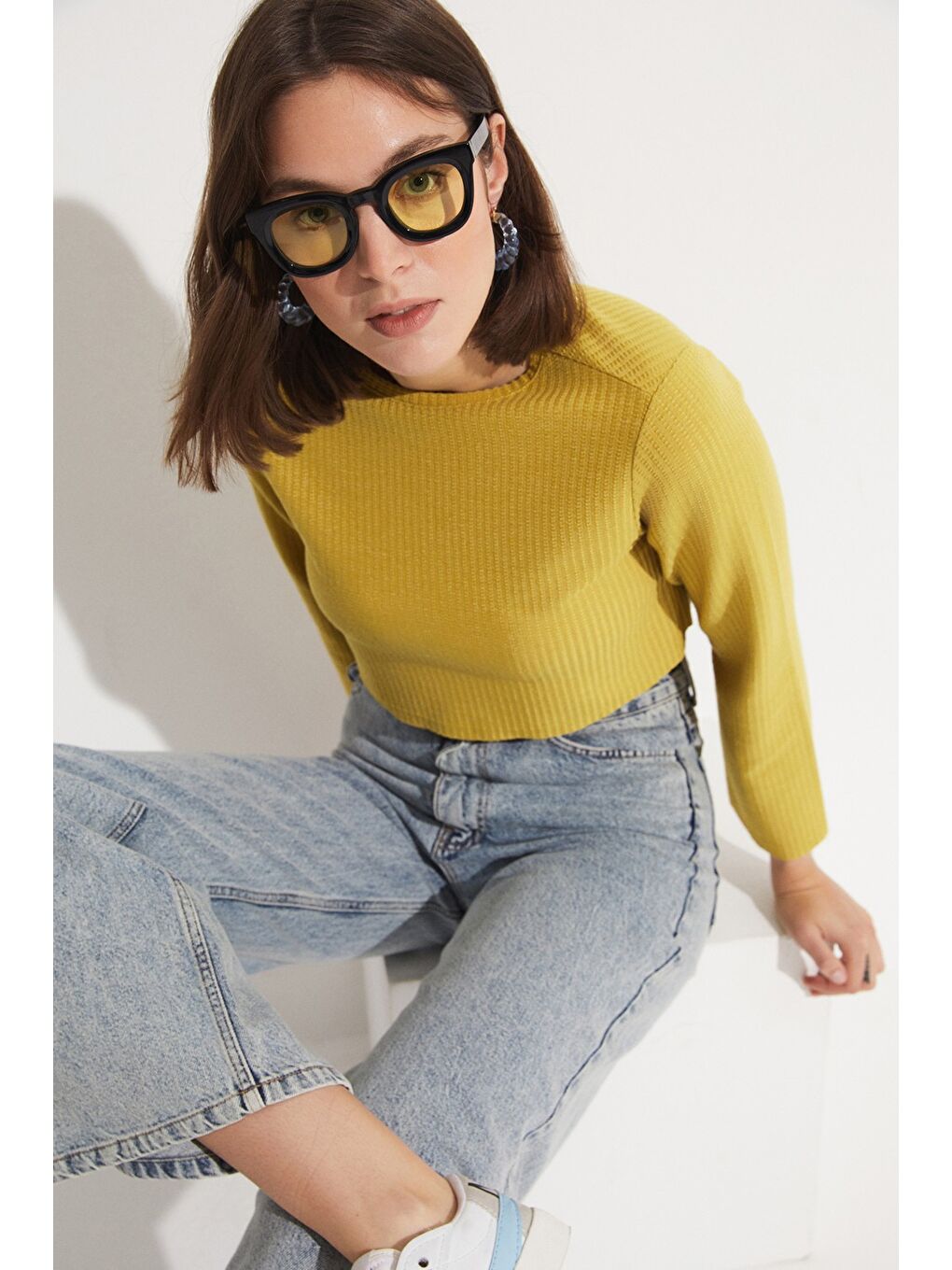 Yeşil Kadın Bisiklet Yaka Uzun Kollu Crop Bluz-4