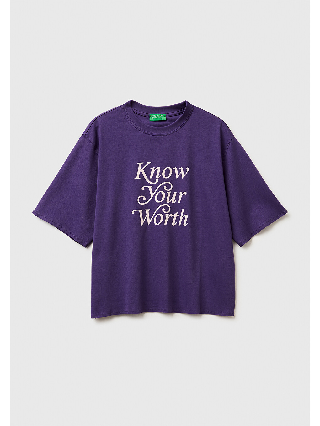 Kadın Mor %100 Pamuk Önü Yazı Baskılı Bisiklet Yaka T-shirt-1
