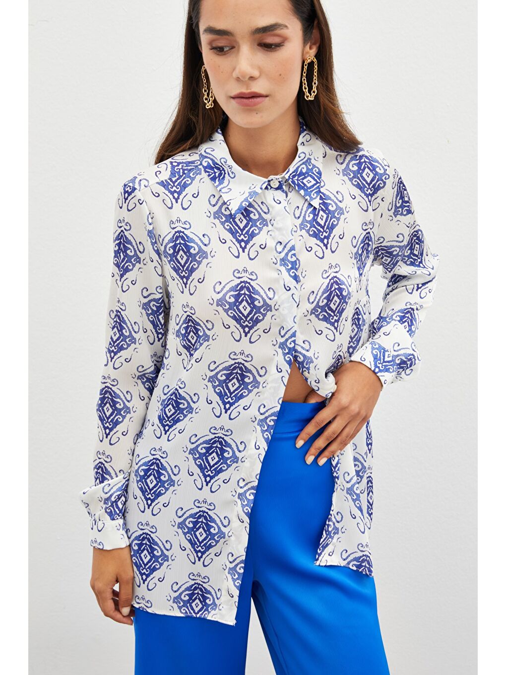 Desenli Düz Gömlek - Sax Mavi-2