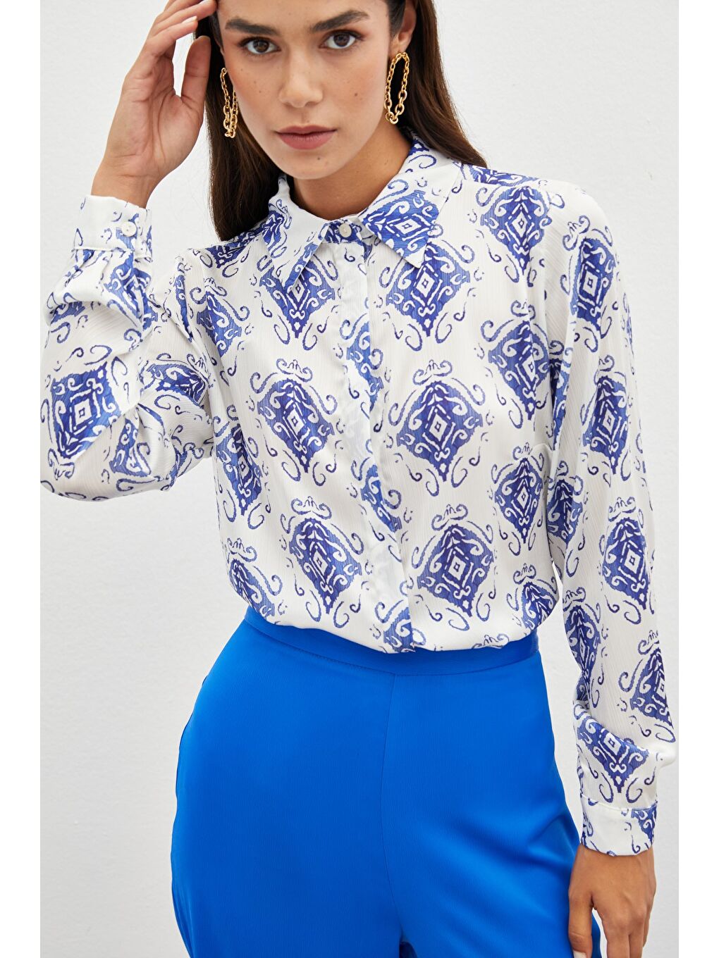 Desenli Düz Gömlek - Sax Mavi-3