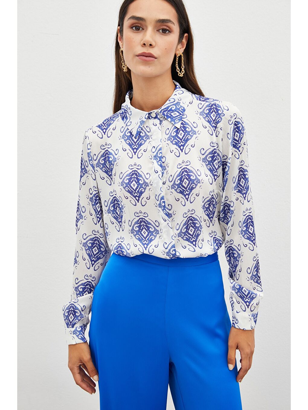 Desenli Düz Gömlek - Sax Mavi-4