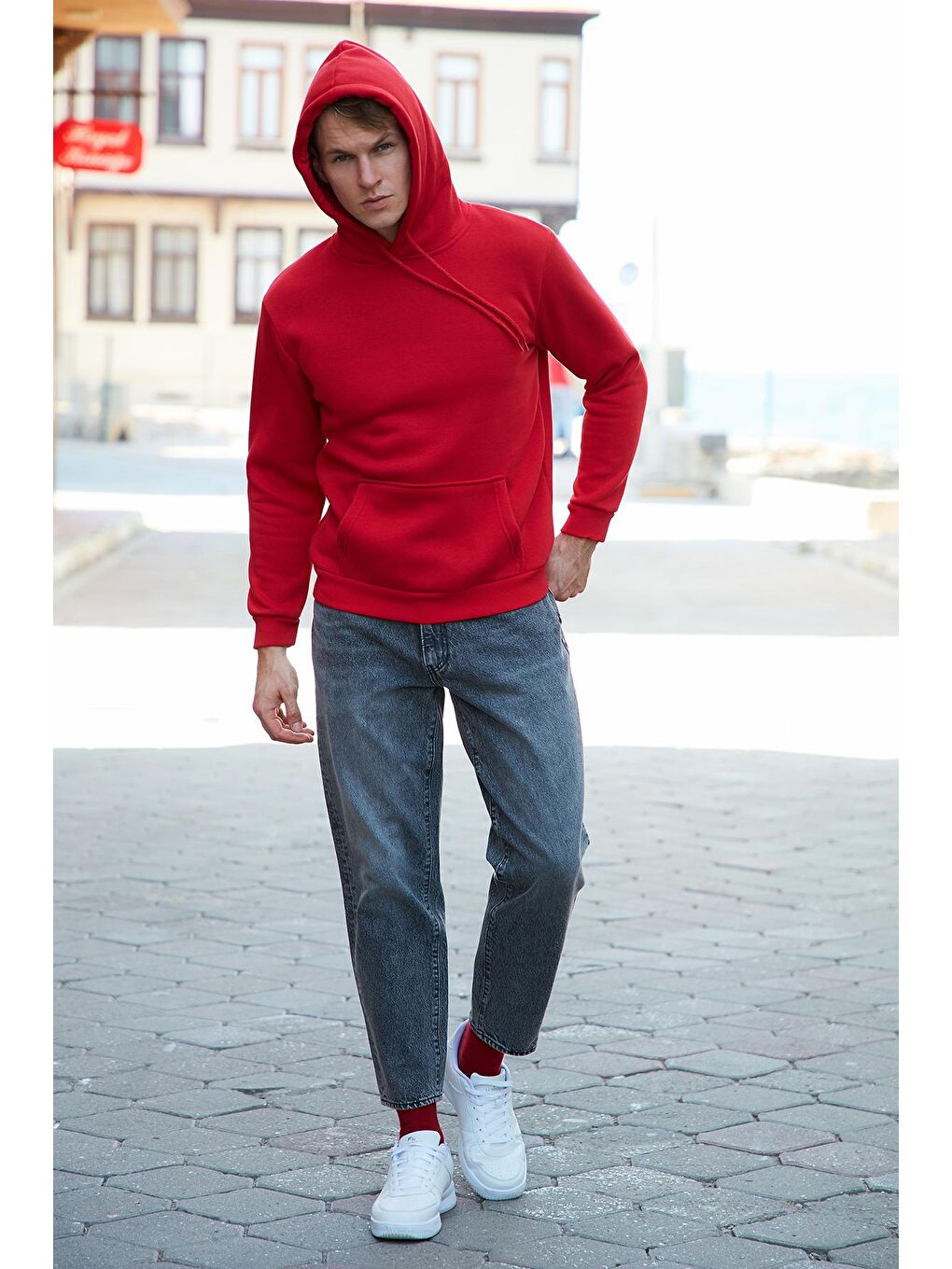 Kırmızı Kanguru Cepli Şardonlu Extra Slim Fit Kışlık Sweat 5827002