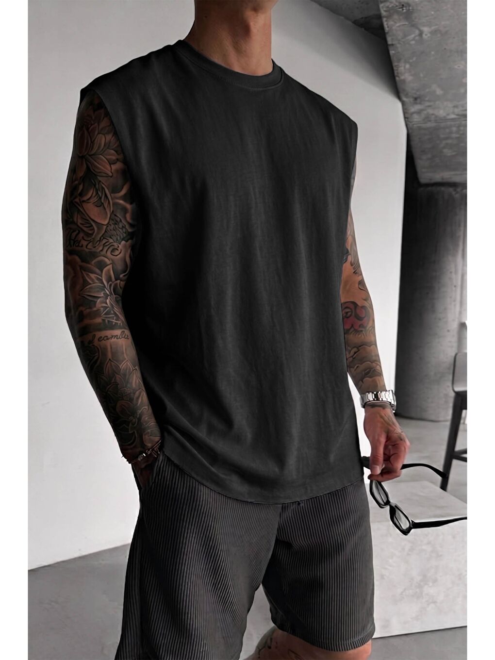 Erkek Oversize Kolsuz Basic Sporcu Atlet Siyah