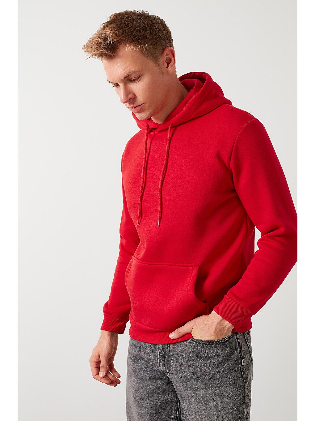 Kırmızı Kanguru Cepli Şardonlu Extra Slim Fit Kışlık Sweat 5827002-2