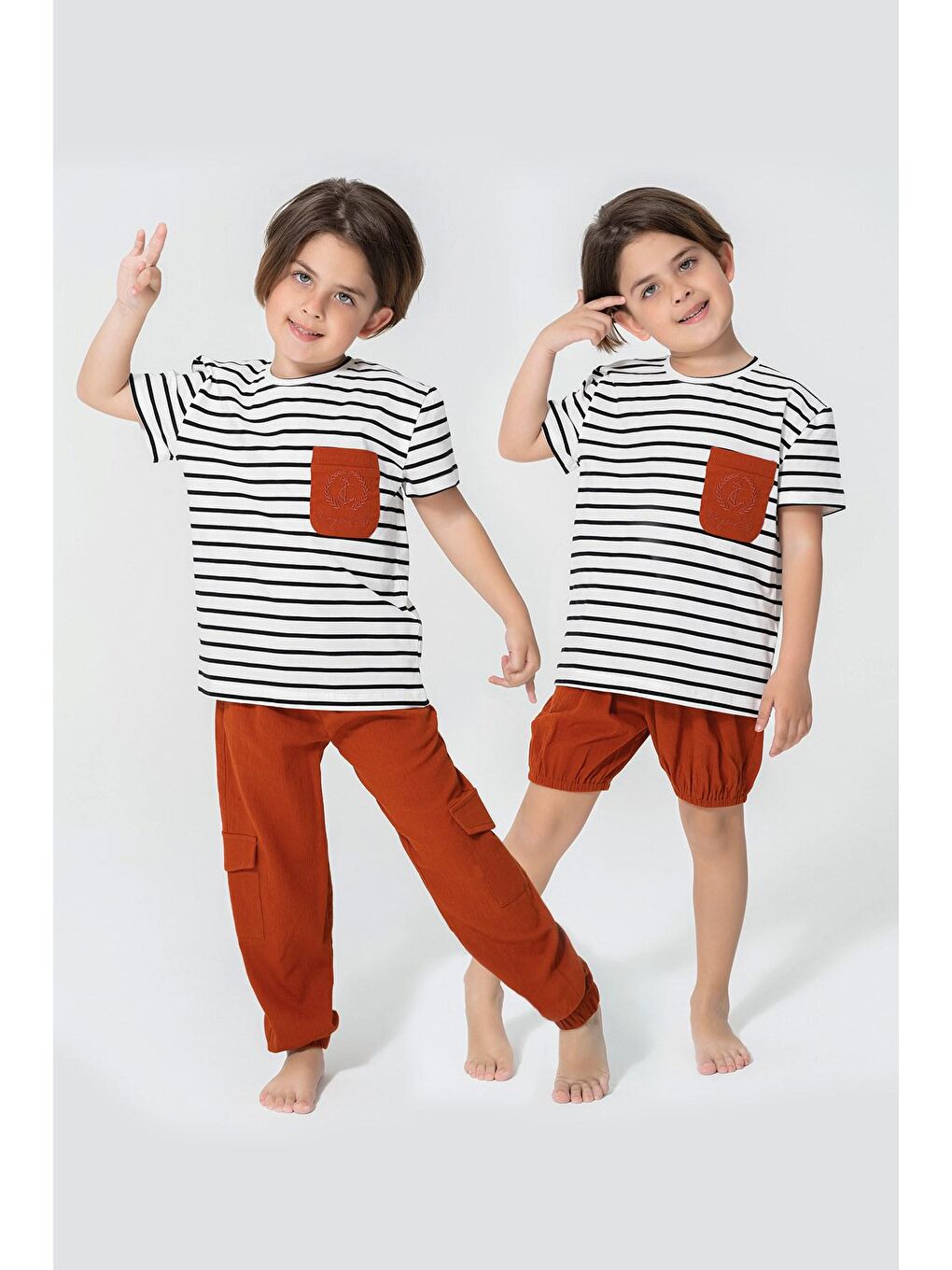 Kahverengi Organik 3'lü Cep Çapa Nakışlı Kiremit Pijama Takımı