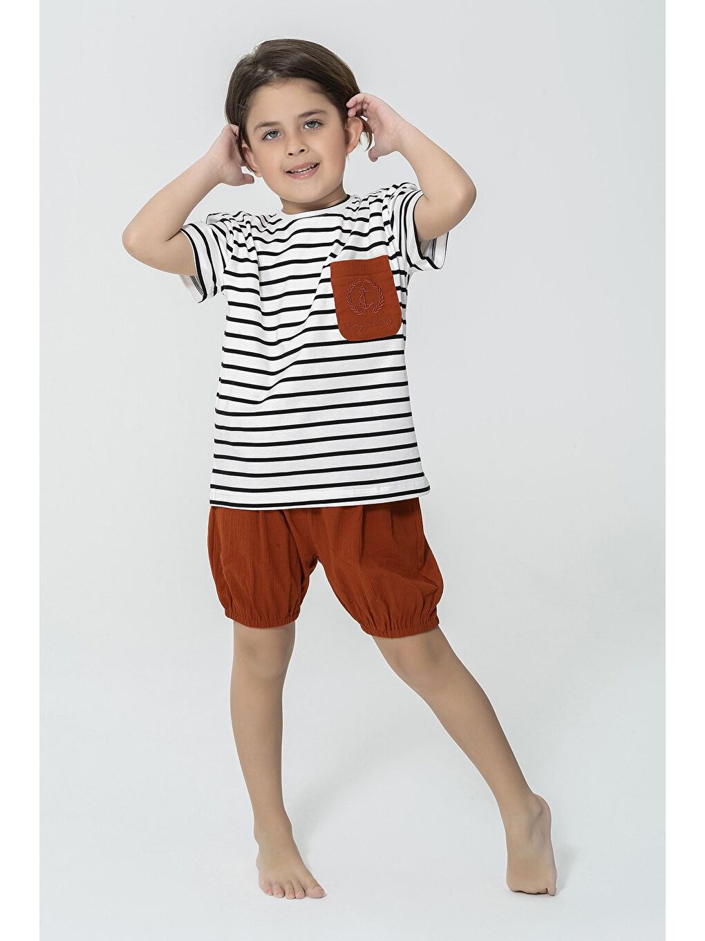 Kahverengi Organik 3'lü Cep Çapa Nakışlı Kiremit Pijama Takımı-1