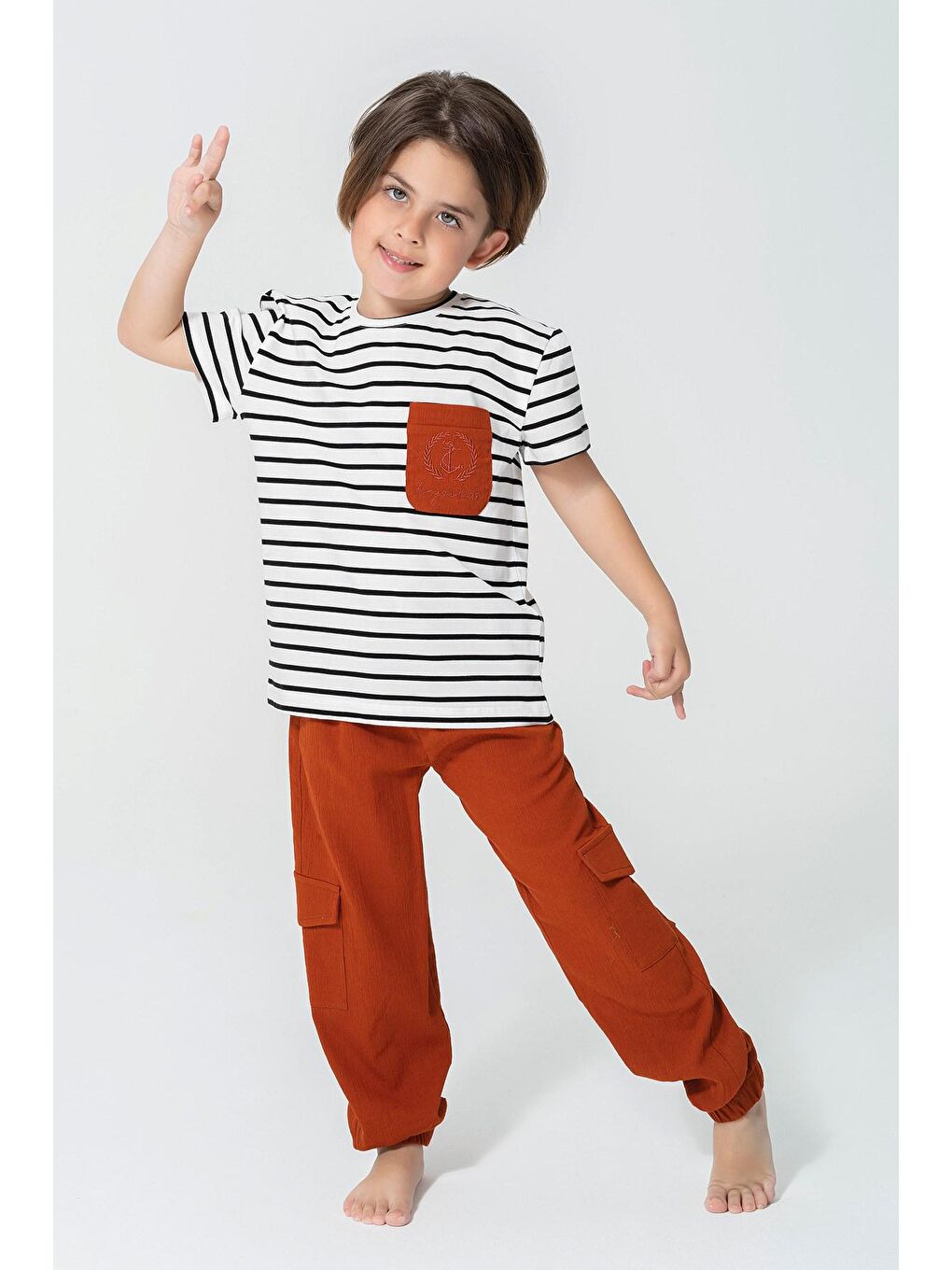 Kahverengi Organik 3'lü Cep Çapa Nakışlı Kiremit Pijama Takımı-2