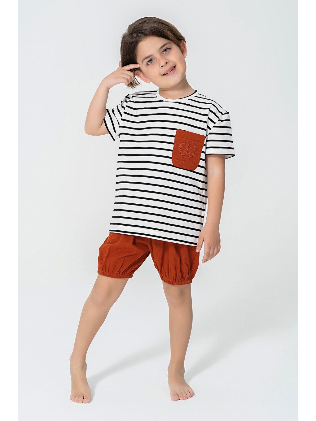 Kahverengi Organik 3'lü Cep Çapa Nakışlı Kiremit Pijama Takımı-3