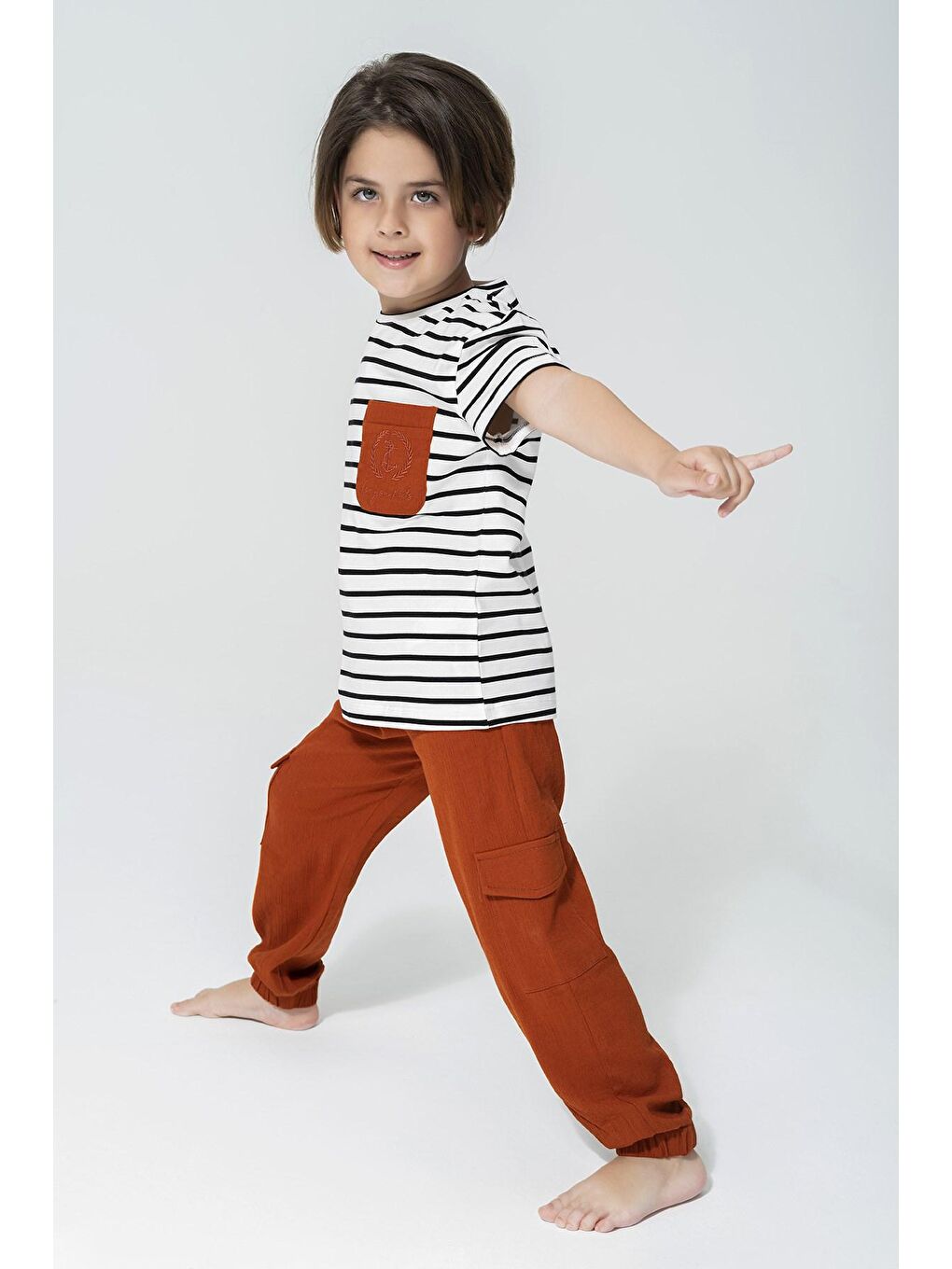 Kahverengi Organik 3'lü Cep Çapa Nakışlı Kiremit Pijama Takımı-4