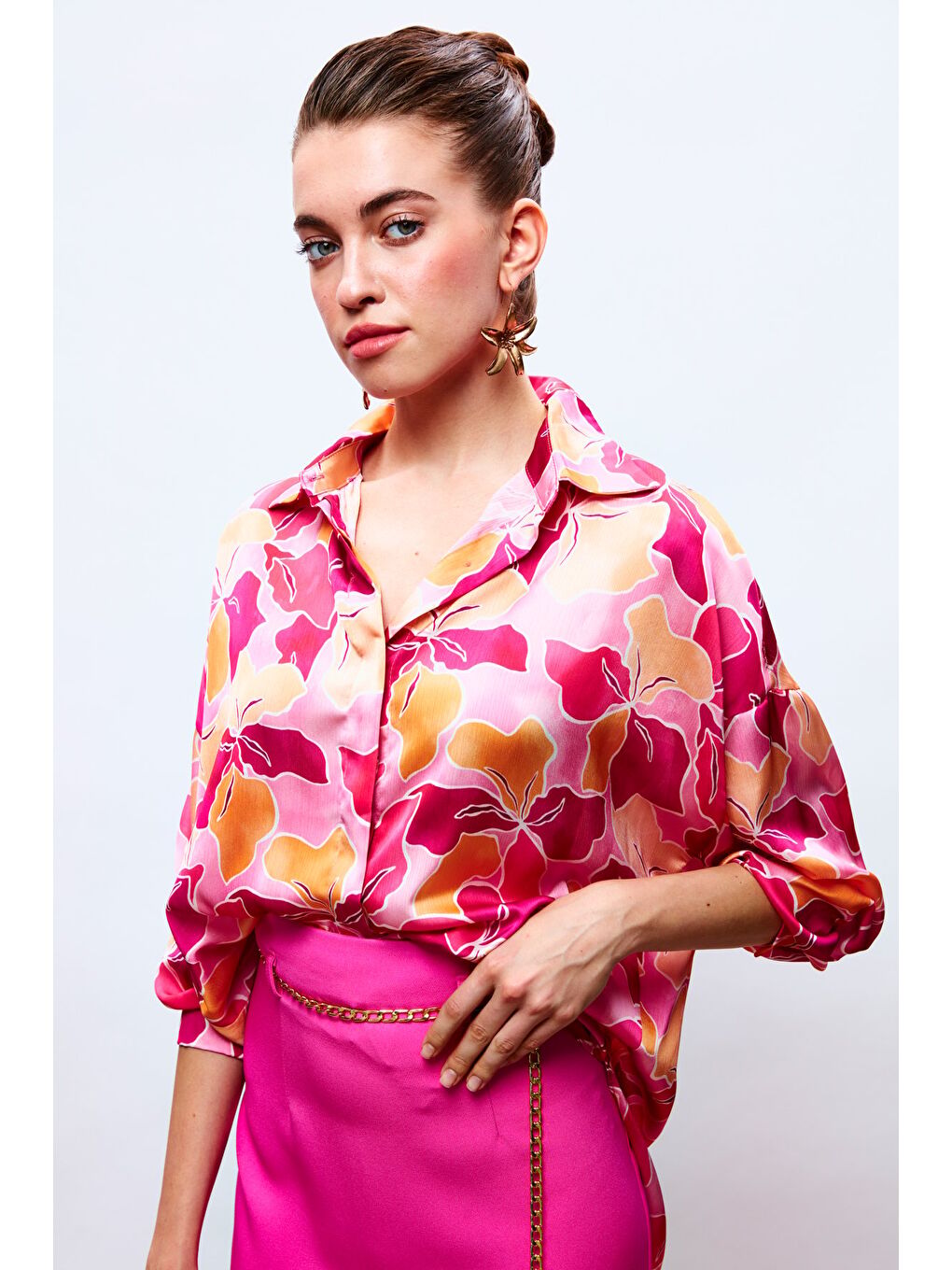 Çiçek Desenli Salaş Gömlek - Fuşya-Oranj