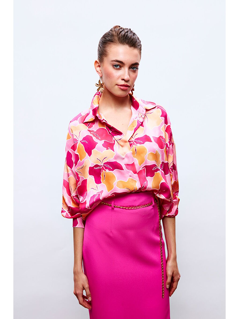 Çiçek Desenli Salaş Gömlek - Fuşya-Oranj-1