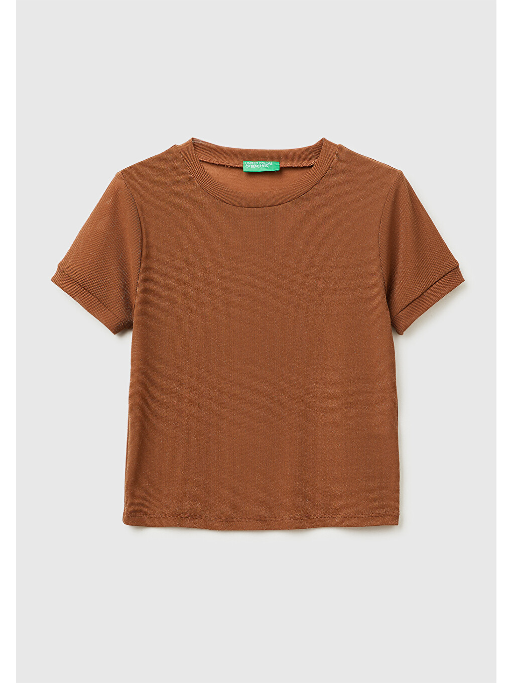 Kadın Koyu Kahverengi Simli Bisiklet Yaka Slim Fit T-shirt-1