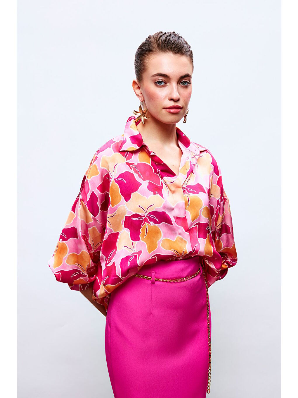 Çiçek Desenli Salaş Gömlek - Fuşya-Oranj-2