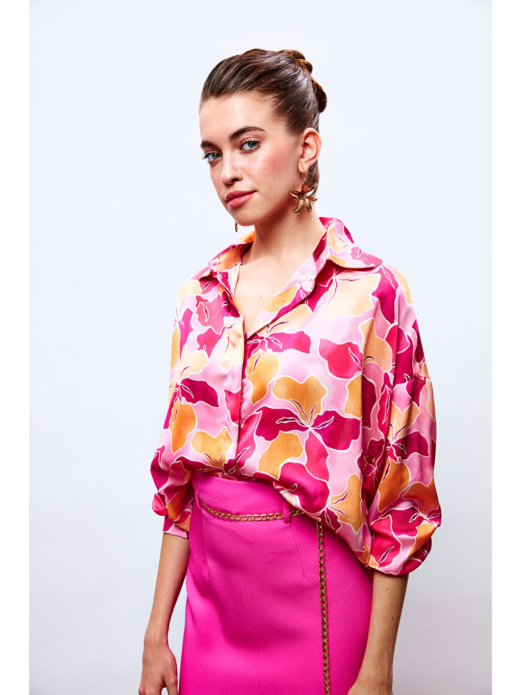 Çiçek Desenli Salaş Gömlek - Fuşya-Oranj-3