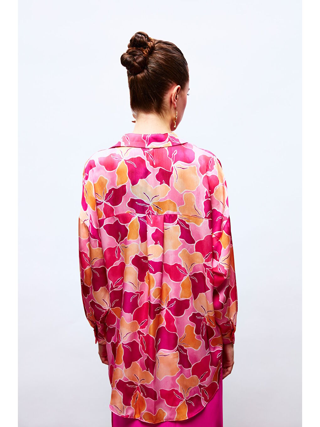 Çiçek Desenli Salaş Gömlek - Fuşya-Oranj-4
